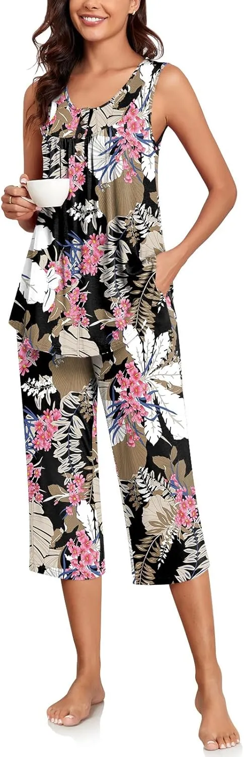 Bestbee Womens Sleeveless Pajama Sets 2 Piece Sleepwear Summer Lounge Outfits Henley Tanks Capri Pants Ladies Pjs