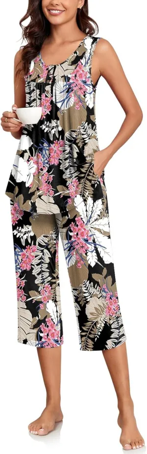 Bestbee Womens Sleeveless Pajama Sets 2 Piece Sleepwear Summer Lounge Outfits Henley Tanks Capri Pants Ladies Pjs