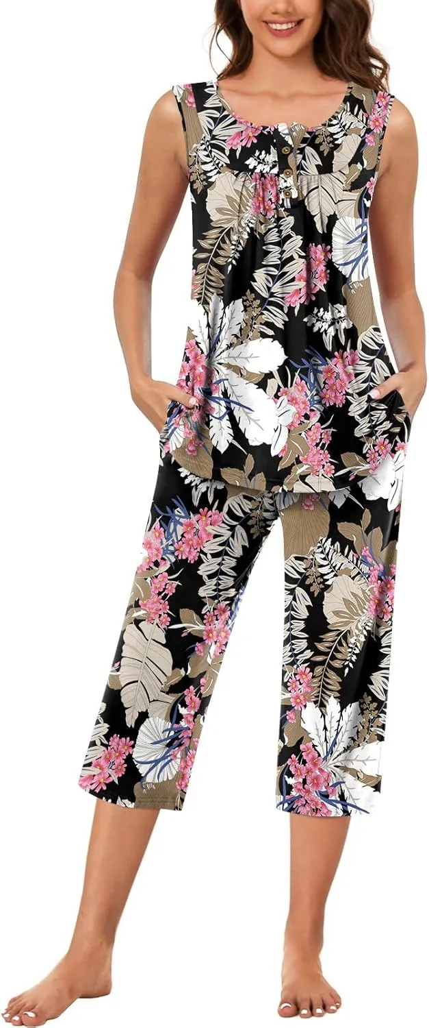 Bestbee Womens Sleeveless Pajama Sets 2 Piece Sleepwear Summer Lounge Outfits Henley Tanks Capri Pants Ladies Pjs