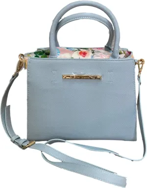 Betsey Johnson Chloe Blue Faux Leather With Contrast Printed Sides Detail Triple Entry Convertiable Satchel Crossbody Bag