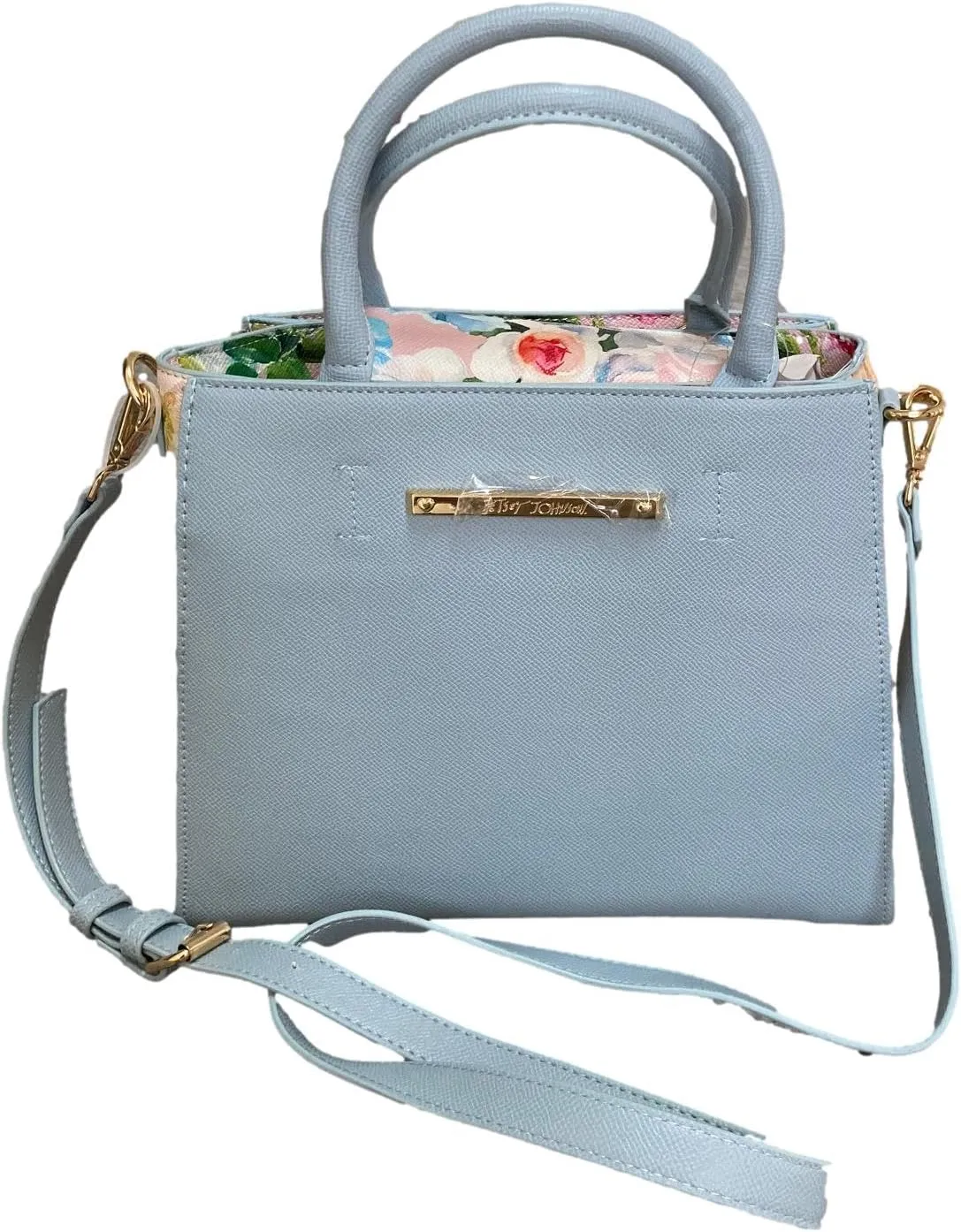 Betsey Johnson Chloe Blue Faux Leather With Contrast Printed Sides Detail Triple Entry Convertiable Satchel Crossbody Bag