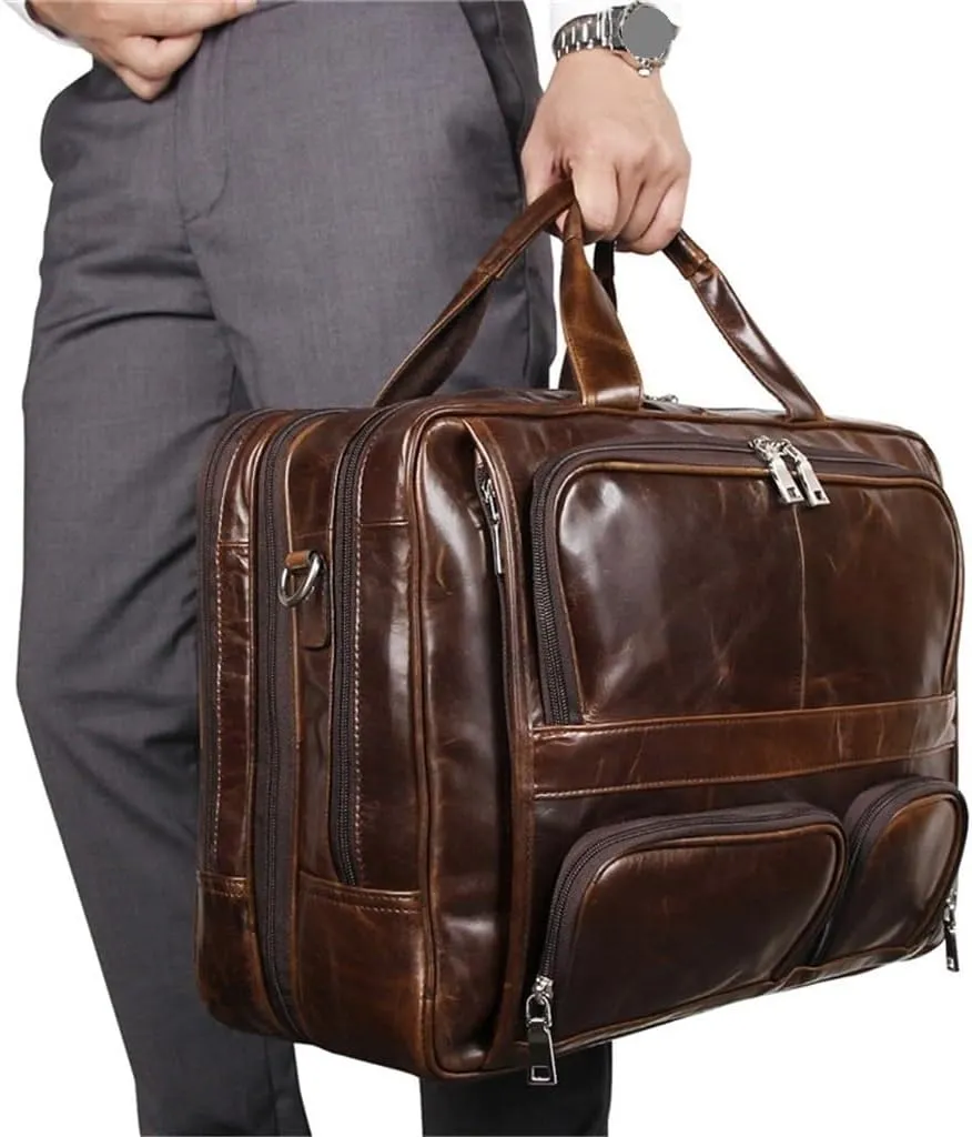 Big Large Coffee Black Brown Leather Men Briefcase Office Messenger Bags 17'' Laptop Portfolio(Coffee)