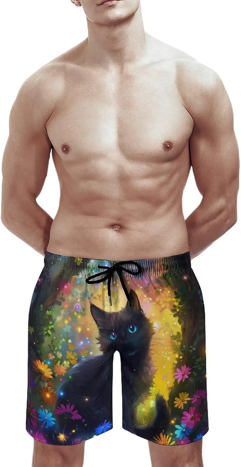 Black Cat Men's Swim Trunks Quick Dry Board Shorts Breathable Summer Beach Shorts Bathing Suits