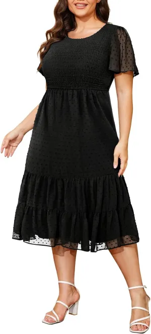 Black Plus Size Summer Wedding Guest Dresses Casual Boho Midi Funeral Short Sleeve Swiss Dot Tiered Flowy Smocked Dress