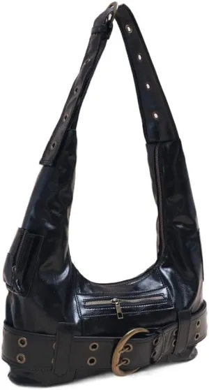 Black Y2k Purse Leather Rivet Punk Shoulder Bag Handbag Trendy Hobo Purse 90's Crossbody Bags with Belt