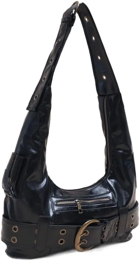Black Y2k Purse Leather Rivet Punk Shoulder Bag Handbag Trendy Hobo Purse 90's Crossbody Bags with Belt