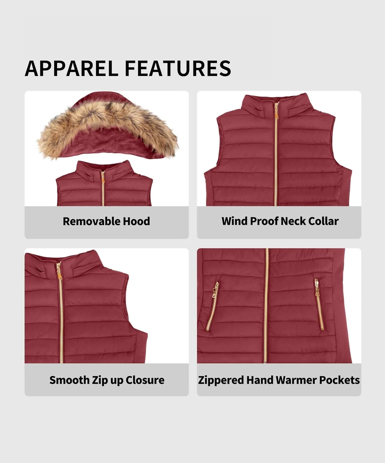 BodiLove Women's Zipper Cuffed Sleeve Neckline Padded Quilted Faux Fur Hooded Vest