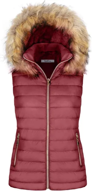 BodiLove Women's Zipper Cuffed Sleeve Neckline Padded Quilted Faux Fur Hooded Vest