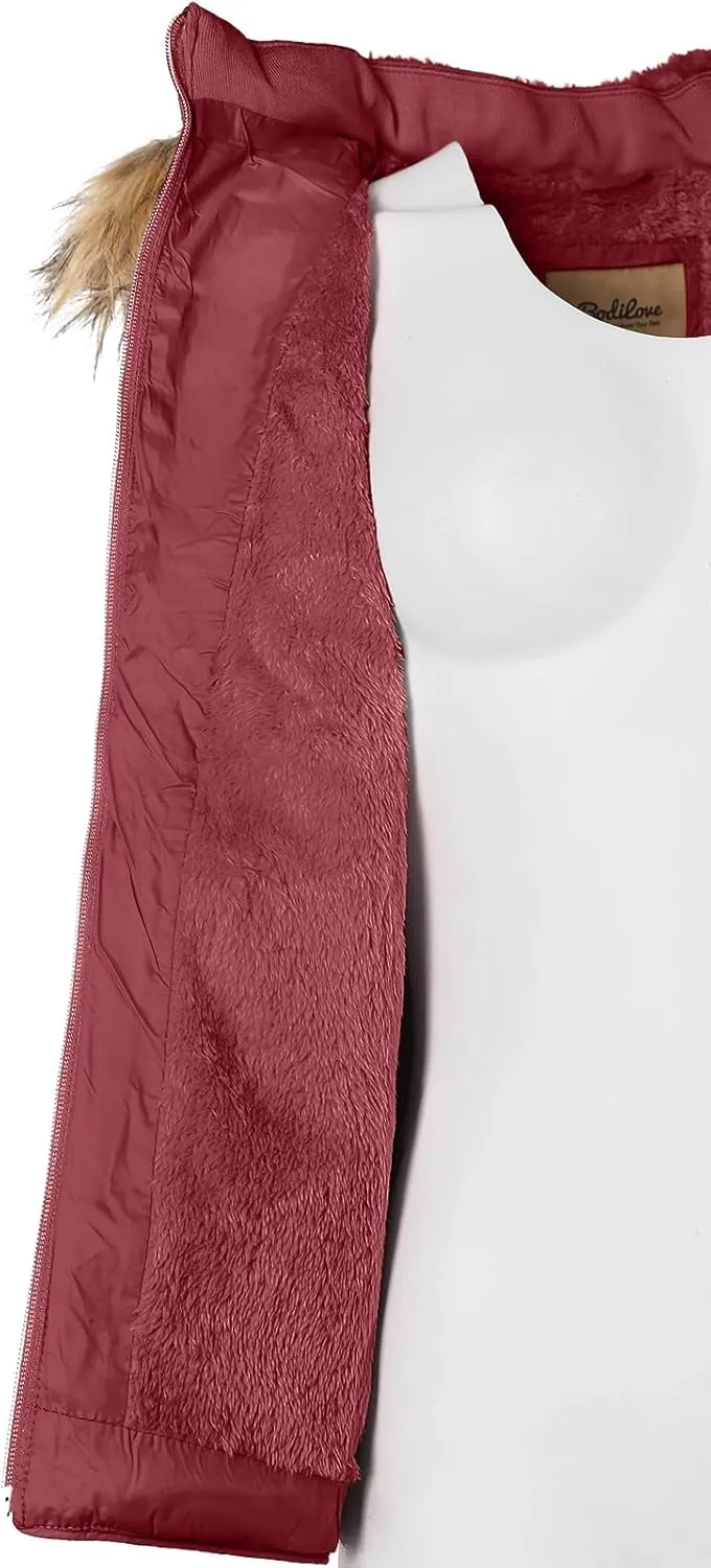 BodiLove Women's Zipper Cuffed Sleeve Neckline Padded Quilted Faux Fur Hooded Vest