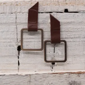 Brown Leather and Metal Square Hoop Earrings