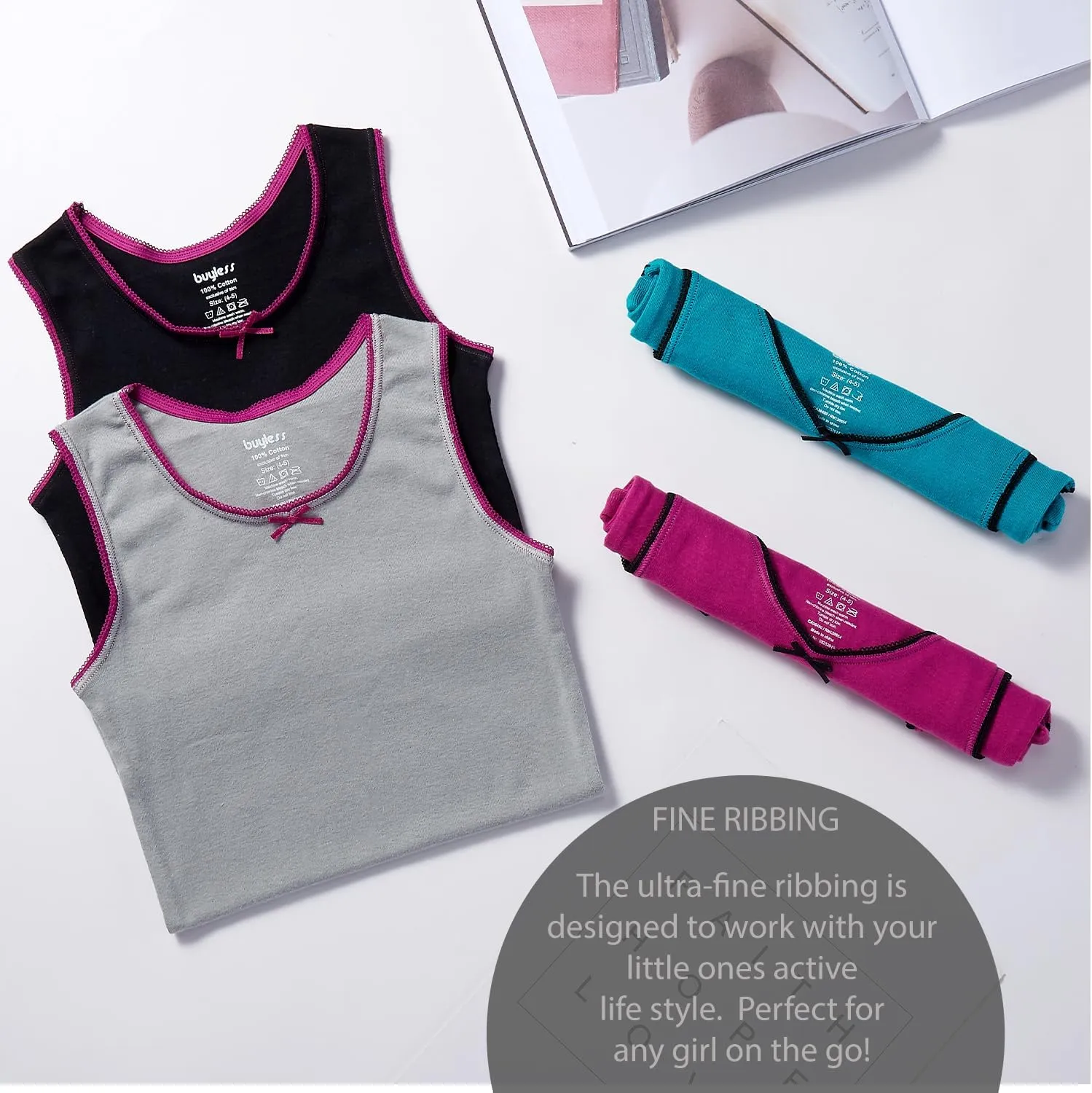 Buyless Fashion Girls Tank Tops - Sleeveless Cami Tanks Cotton Undershirts for Dance Gymnastics, Kids & Toddler Size (8 Pack)