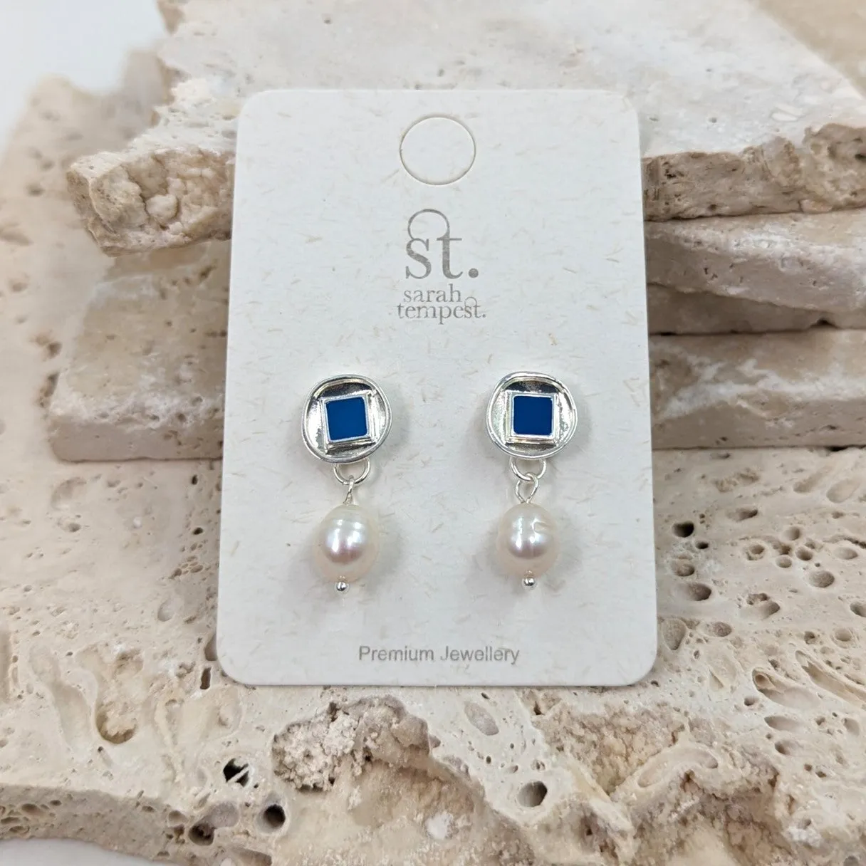 Byzantine enamel inlay stud earrings with real pearl drop