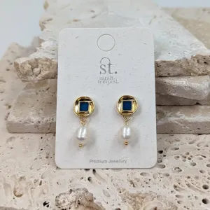 Byzantine enamel inlay stud earrings with real pearl drop