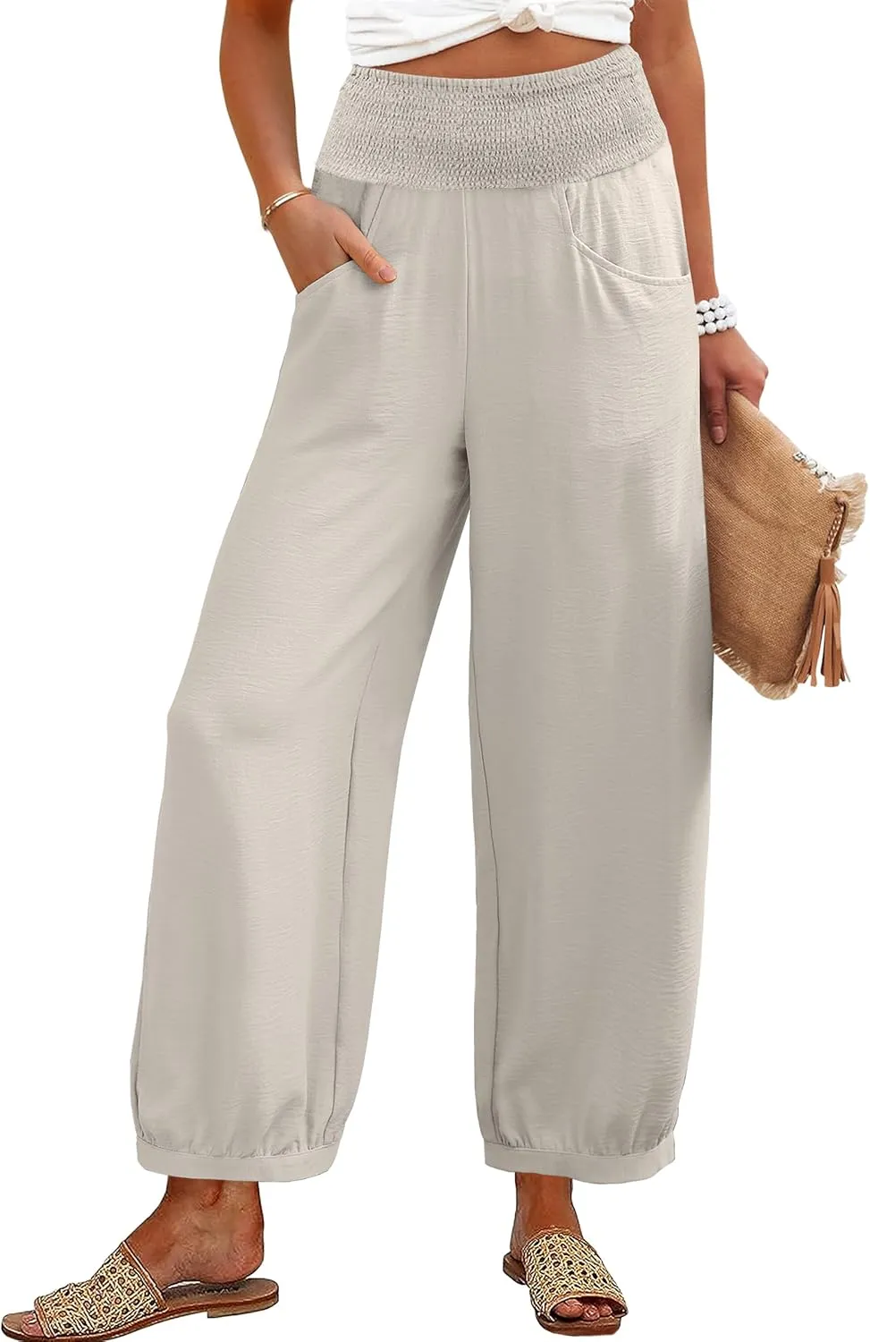 Caracilia Women Wide Leg Flowy Pants 2025 Summer Casual High Waisted Baggy Loose Boho Beach Vacation Palazzo Lantern Pants