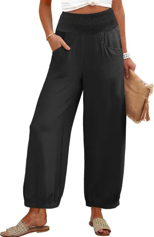 Caracilia Women Wide Leg Flowy Pants 2025 Summer Casual High Waisted Baggy Loose Boho Beach Vacation Palazzo Lantern Pants