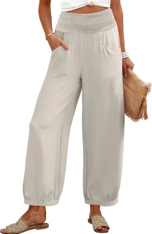 Caracilia Women Wide Leg Flowy Pants 2025 Summer Casual High Waisted Baggy Loose Boho Beach Vacation Palazzo Lantern Pants