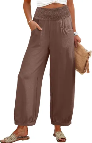 Caracilia Women Wide Leg Flowy Pants 2025 Summer Casual High Waisted Baggy Loose Boho Beach Vacation Palazzo Lantern Pants