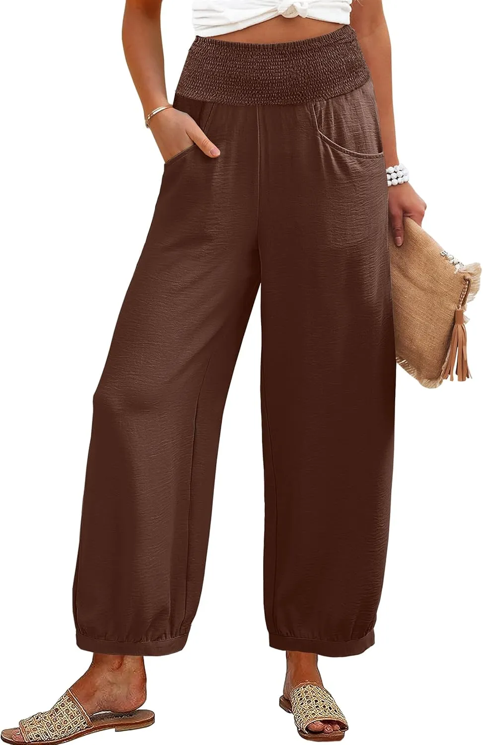 Caracilia Women Wide Leg Flowy Pants 2025 Summer Casual High Waisted Baggy Loose Boho Beach Vacation Palazzo Lantern Pants