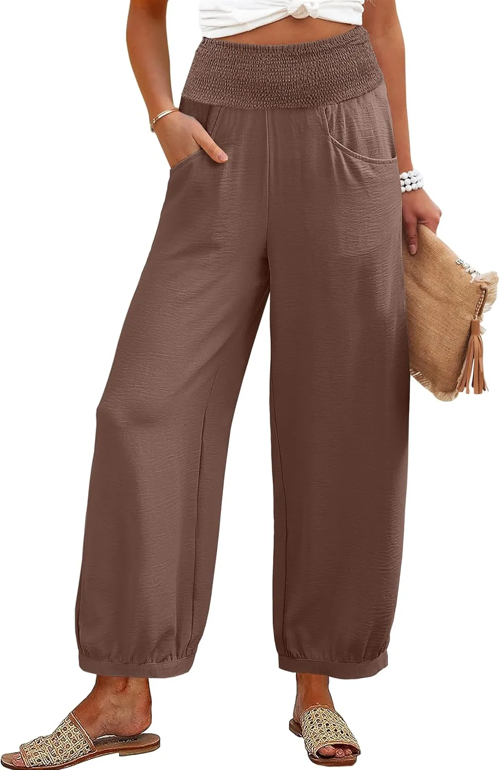 Caracilia Women Wide Leg Flowy Pants 2025 Summer Casual High Waisted Baggy Loose Boho Beach Vacation Palazzo Lantern Pants