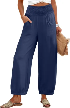 Caracilia Women Wide Leg Flowy Pants 2025 Summer Casual High Waisted Baggy Loose Boho Beach Vacation Palazzo Lantern Pants