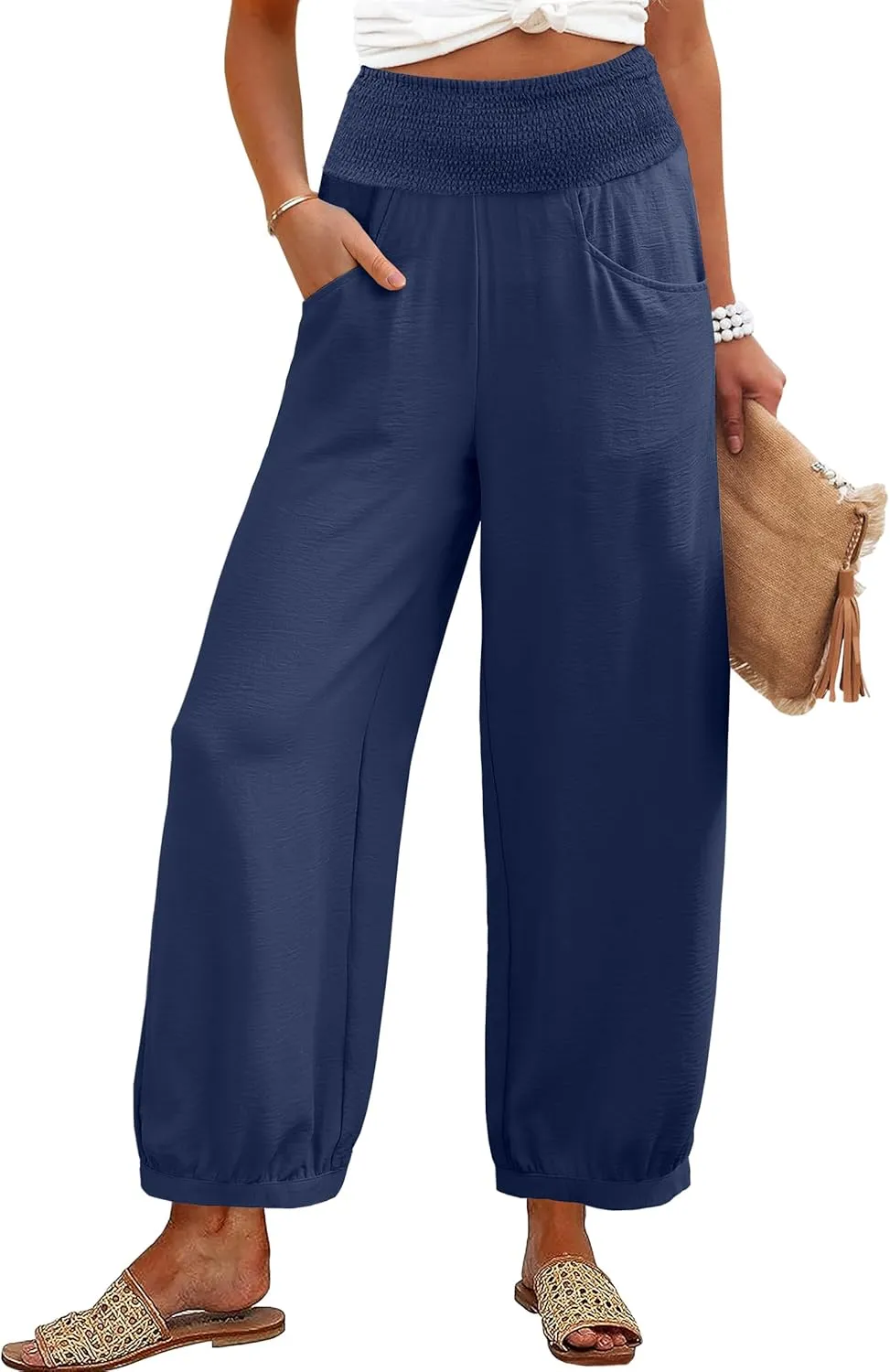 Caracilia Women Wide Leg Flowy Pants 2025 Summer Casual High Waisted Baggy Loose Boho Beach Vacation Palazzo Lantern Pants