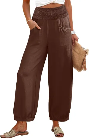 Caracilia Women Wide Leg Flowy Pants 2025 Summer Casual High Waisted Baggy Loose Boho Beach Vacation Palazzo Lantern Pants