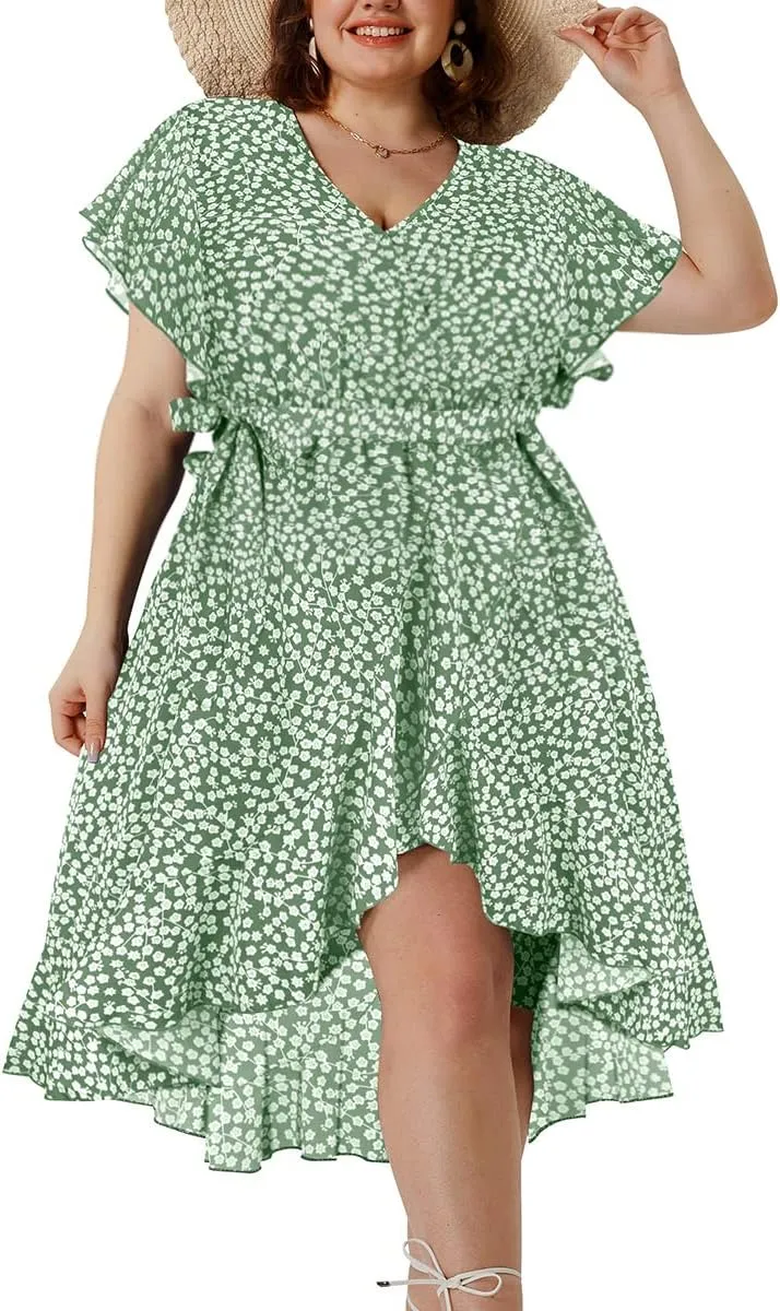 CARCOS Plus Size Boho Dress for Women V Neck Ruffle Hem Split Dress Short Sleeve Tiered Wrap Dresses Green Floral Bohemian Beach Summer A Line Mini Dress 2023 XL 14W 16W