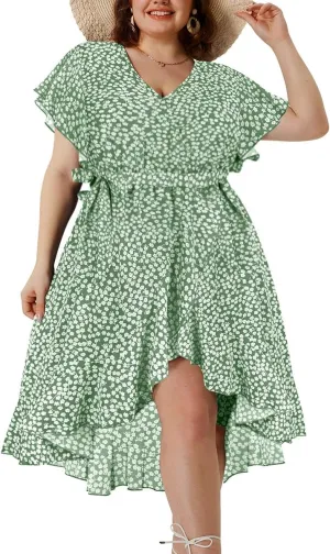 CARCOS Plus Size Boho Dress for Women V Neck Ruffle Hem Split Dress Short Sleeve Tiered Wrap Dresses Green Floral Bohemian Beach Summer A Line Mini Dress 2023 XL 14W 16W