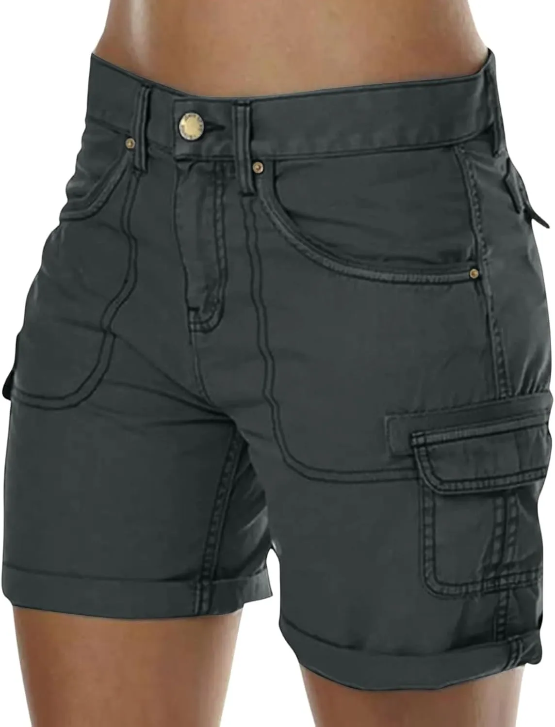 Cargo Shorts for Women Casual Summer High Waisted Jean Shorts with Pockets Knee Length Pull On Hiking Outfits