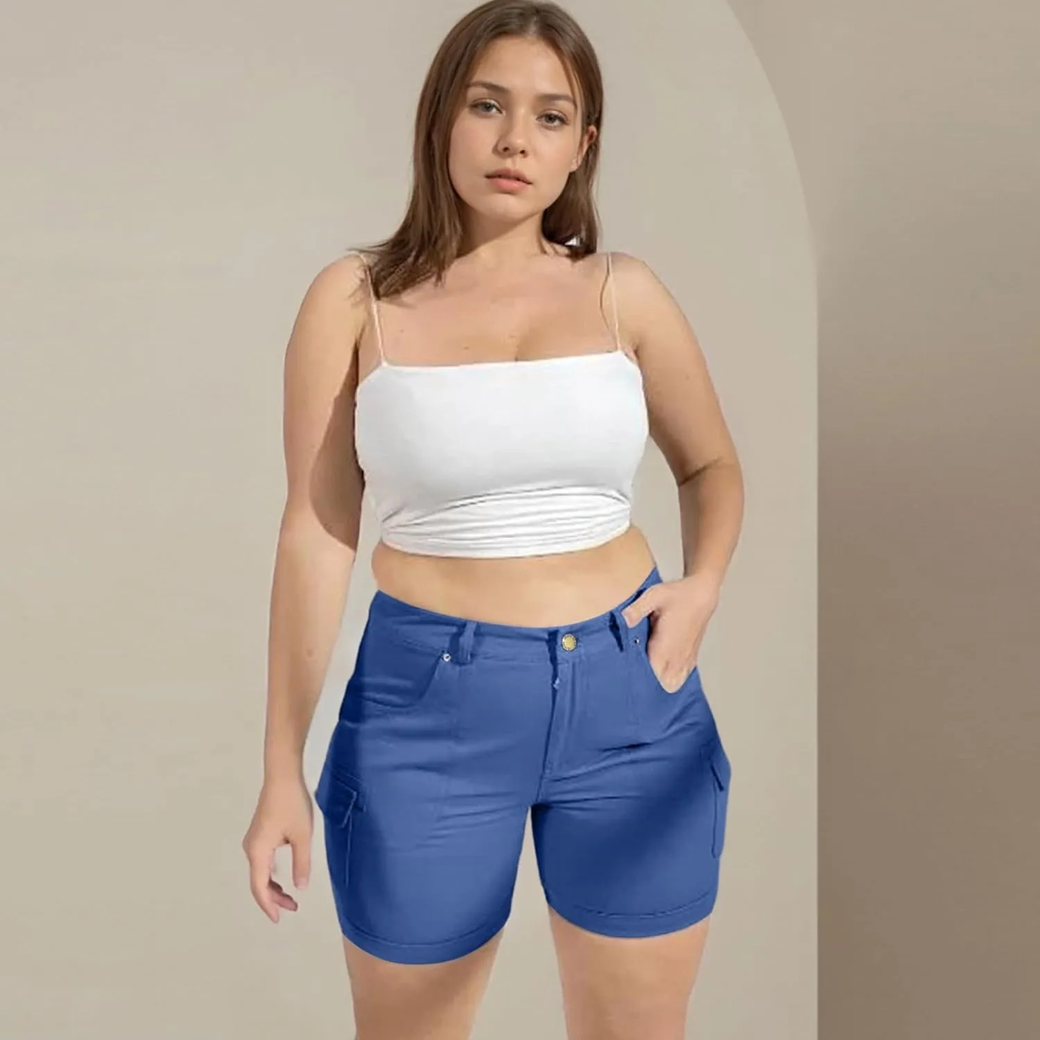 Cargo Shorts for Women Casual Summer High Waisted Jean Shorts with Pockets Knee Length Pull On Hiking Outfits