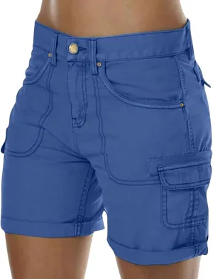 Cargo Shorts for Women Casual Summer High Waisted Jean Shorts with Pockets Knee Length Pull On Hiking Outfits