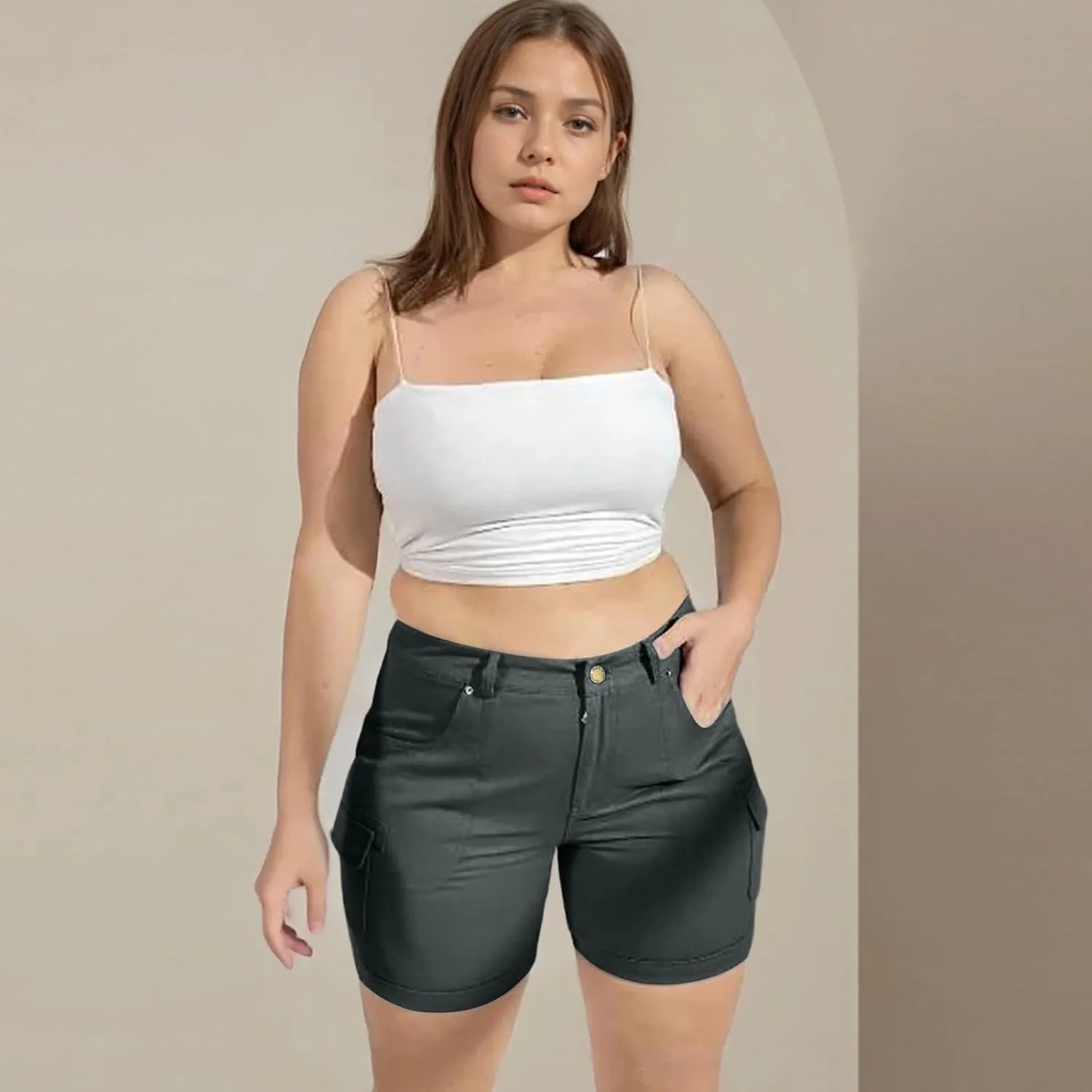Cargo Shorts for Women Casual Summer High Waisted Jean Shorts with Pockets Knee Length Pull On Hiking Outfits
