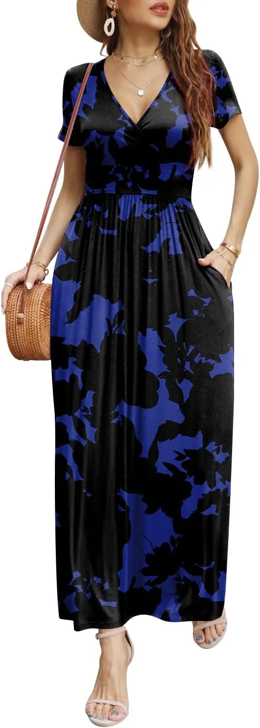 CATHY Women Short Sleeve Deep V-Neck Casual Long Dress Sexy Pleated Waist Maxi Dresses with Pockets