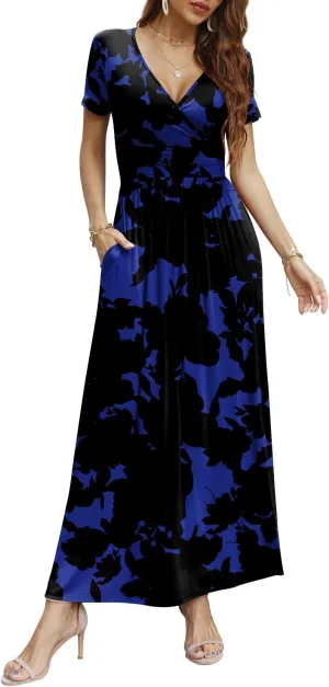 CATHY Women Short Sleeve Deep V-Neck Casual Long Dress Sexy Pleated Waist Maxi Dresses with Pockets