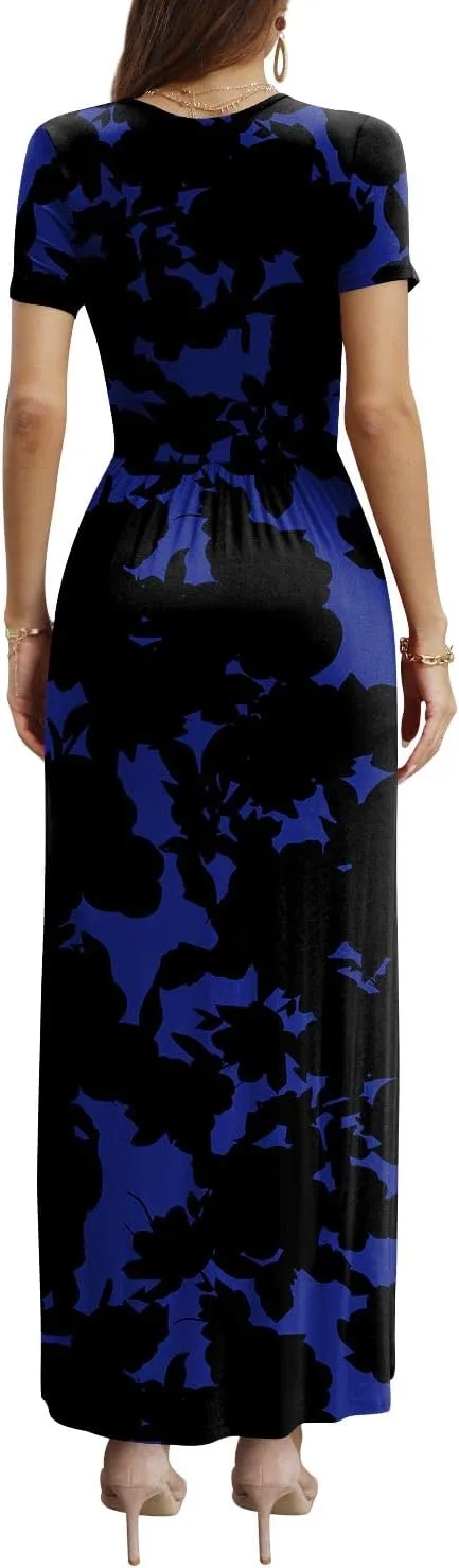 CATHY Women Short Sleeve Deep V-Neck Casual Long Dress Sexy Pleated Waist Maxi Dresses with Pockets
