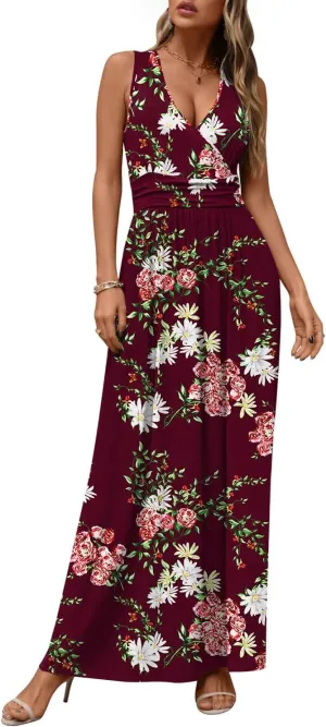 CATHY Women's Casual Sleeveless Deep V Neck Beach Waist Maxi Dresses with Pockets
