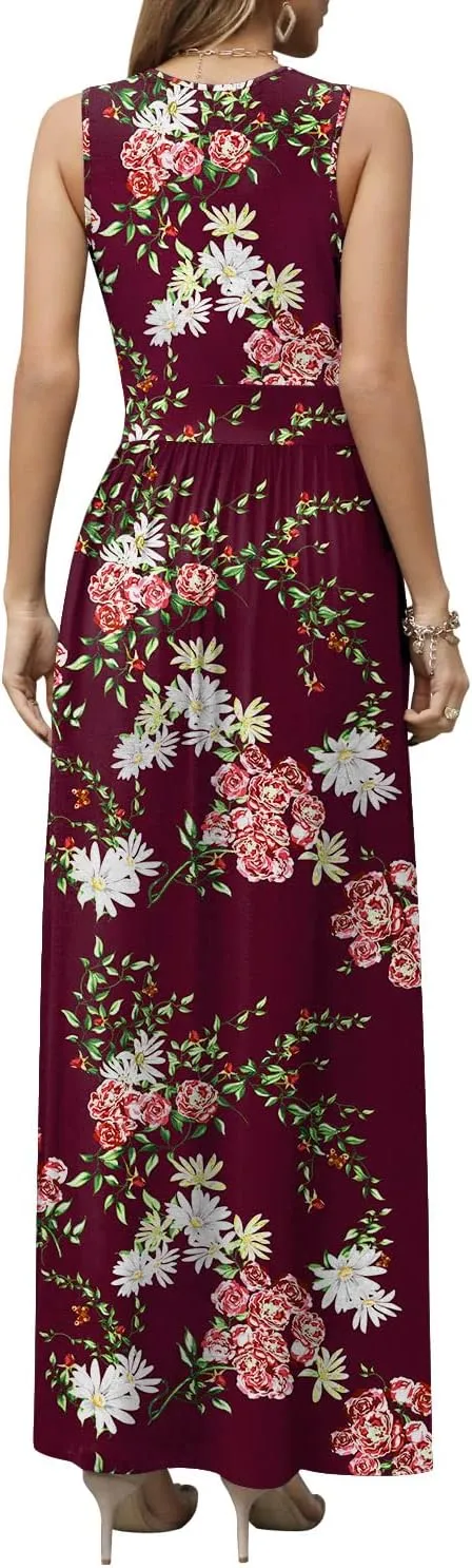 CATHY Women's Casual Sleeveless Deep V Neck Beach Waist Maxi Dresses with Pockets