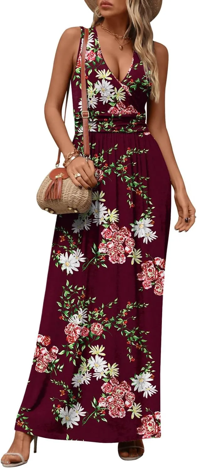 CATHY Women's Casual Sleeveless Deep V Neck Beach Waist Maxi Dresses with Pockets
