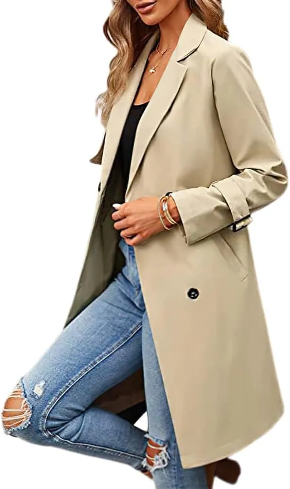 CHARTOU Women's Casual Notched Lapel Collar Double Breasted Trench Coat Wrap Coat with Belt