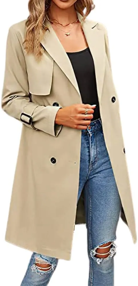 CHARTOU Women's Casual Notched Lapel Collar Double Breasted Trench Coat Wrap Coat with Belt