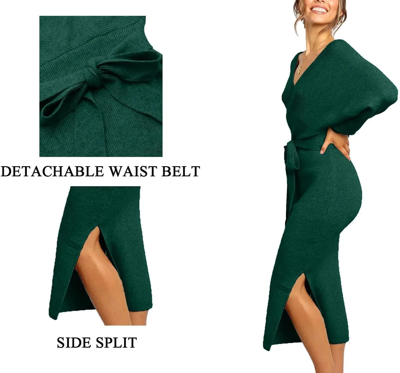 CHERFLY Women's V Neck Sweater Dresses Batwing Long Sleeve Backless Bodycon Long Dress with Belt