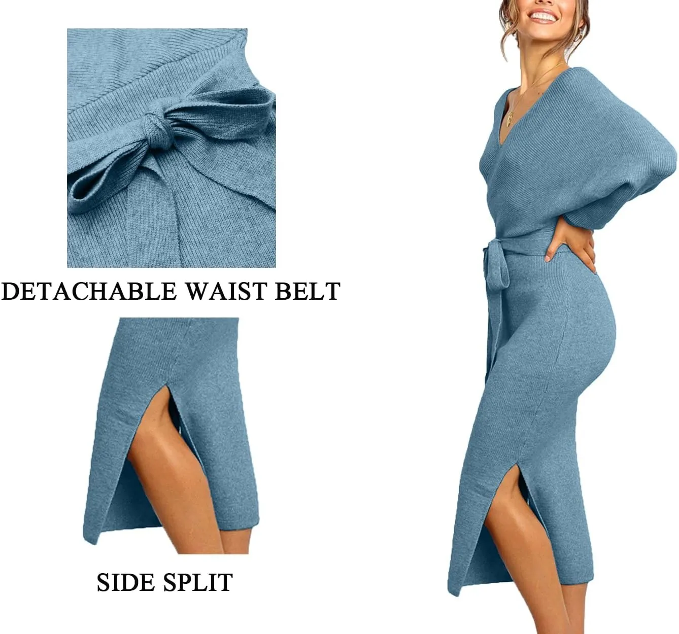 CHERFLY Women's V Neck Sweater Dresses Batwing Long Sleeve Backless Bodycon Long Dress with Belt