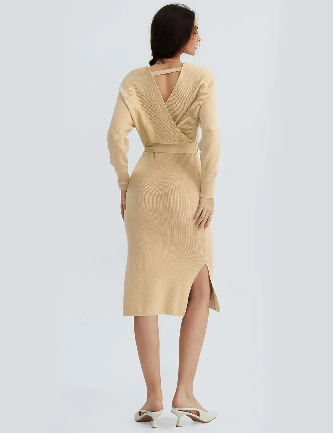 CHERFLY Women's V Neck Sweater Dresses Batwing Long Sleeve Backless Bodycon Long Dress with Belt