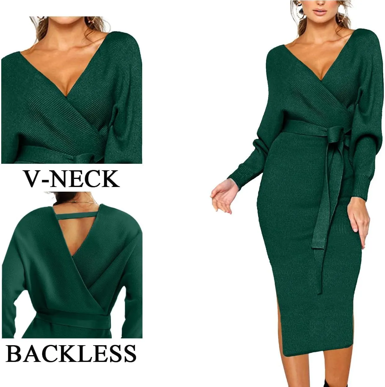 CHERFLY Women's V Neck Sweater Dresses Batwing Long Sleeve Backless Bodycon Long Dress with Belt