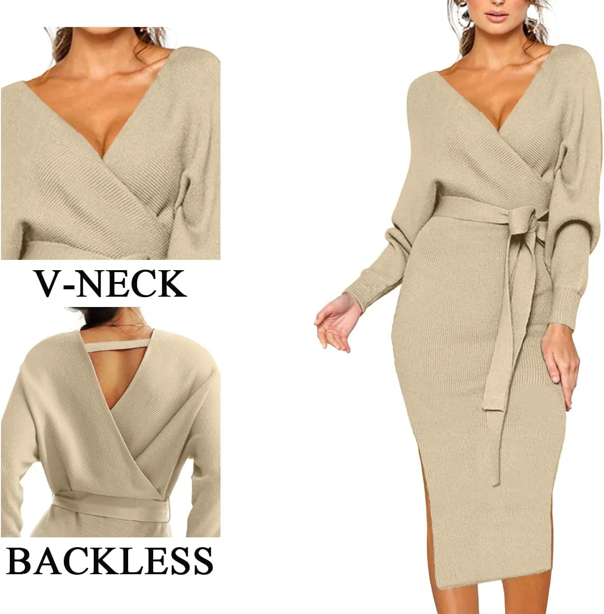 CHERFLY Women's V Neck Sweater Dresses Batwing Long Sleeve Backless Bodycon Long Dress with Belt