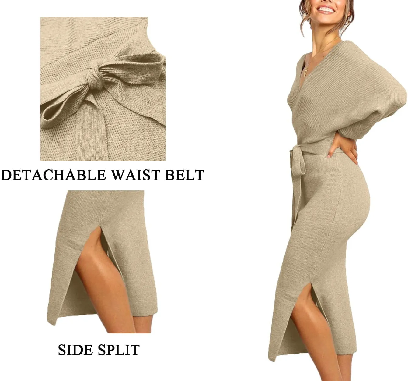 CHERFLY Women's V Neck Sweater Dresses Batwing Long Sleeve Backless Bodycon Long Dress with Belt