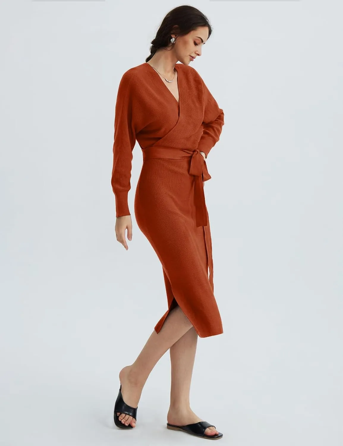 CHERFLY Women's V Neck Sweater Dresses Batwing Long Sleeve Backless Bodycon Long Dress with Belt
