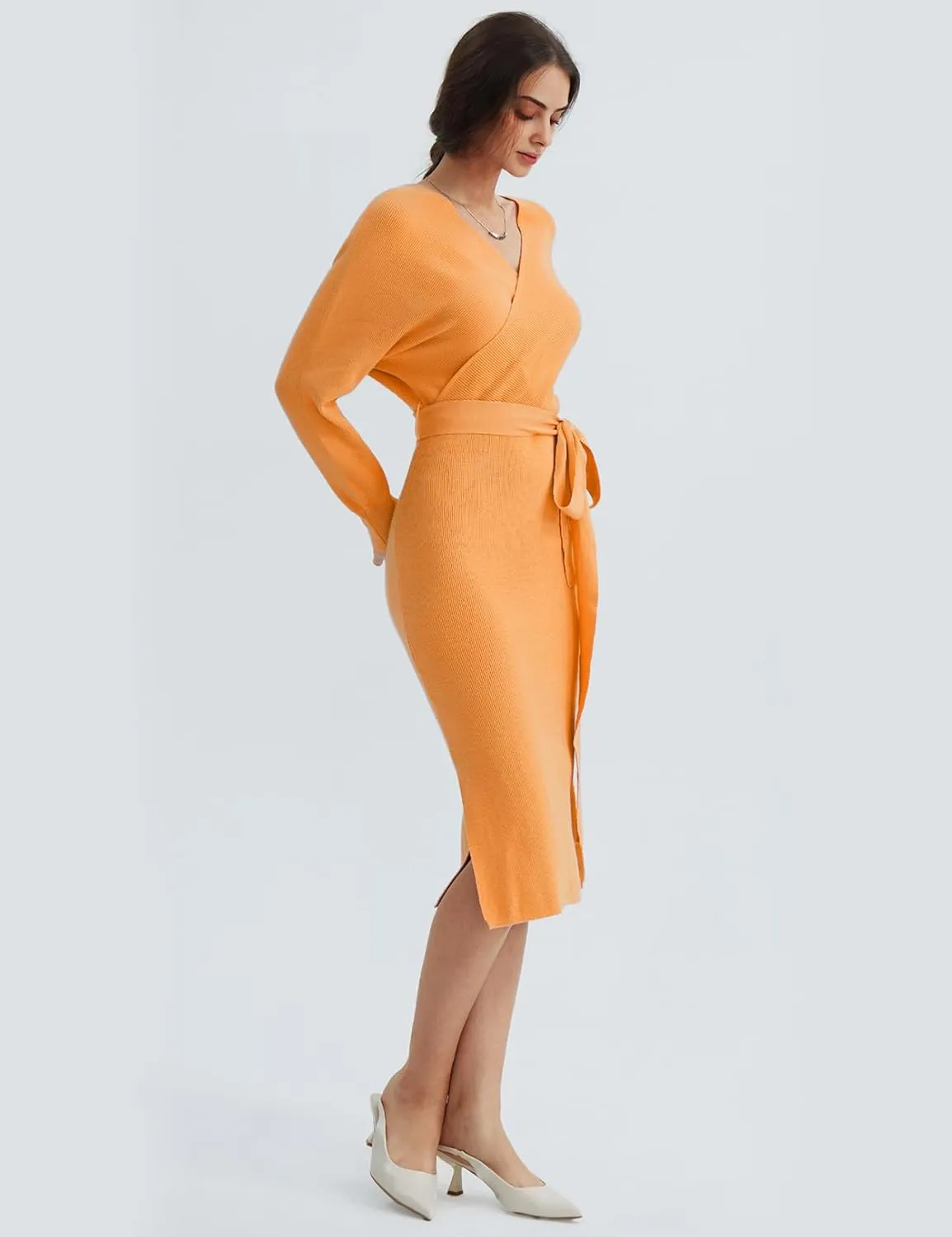 CHERFLY Women's V Neck Sweater Dresses Batwing Long Sleeve Backless Bodycon Long Dress with Belt