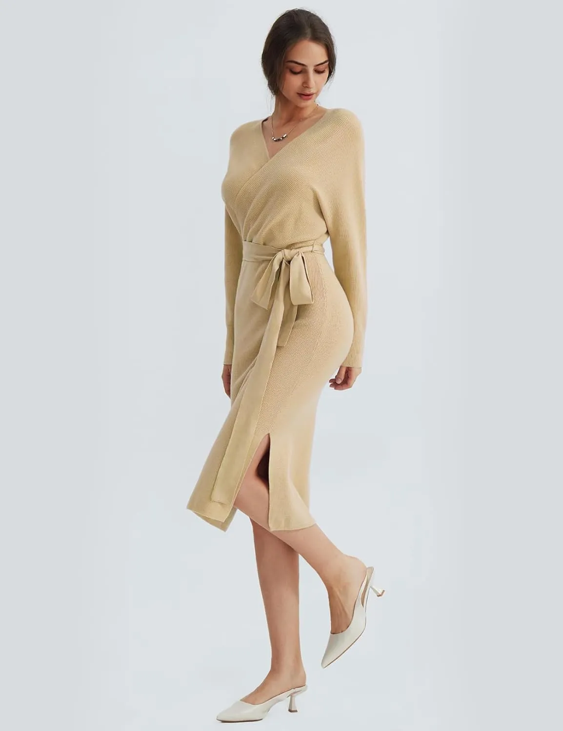 CHERFLY Women's V Neck Sweater Dresses Batwing Long Sleeve Backless Bodycon Long Dress with Belt