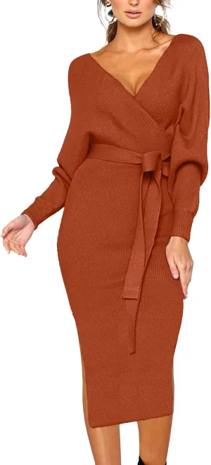 CHERFLY Women's V Neck Sweater Dresses Batwing Long Sleeve Backless Bodycon Long Dress with Belt